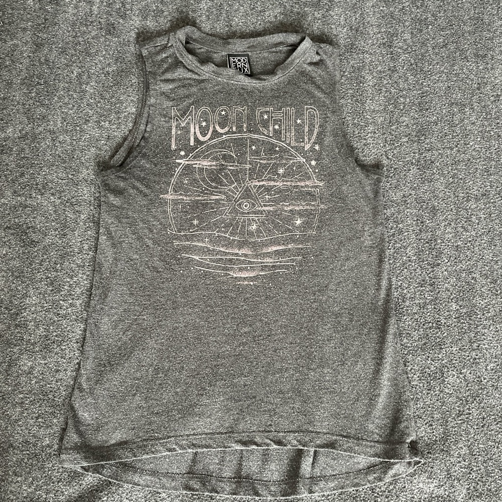 Grey sleeveless top with Moon Child  written and All Seeing Eye design Size S